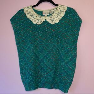 Vintage M Silk Wool Blend  Green Knit Sweater with Lace Collar Cottagecore